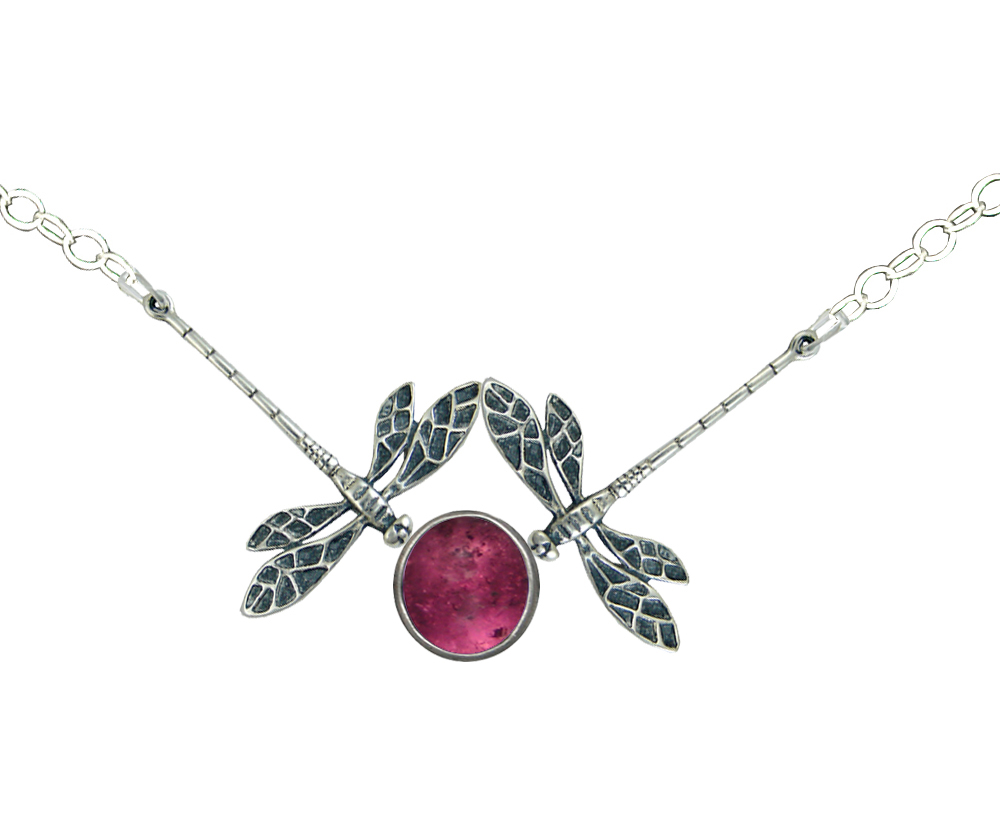 Sterling Silver Double Dragonfly Necklace With Pink Tourmaline